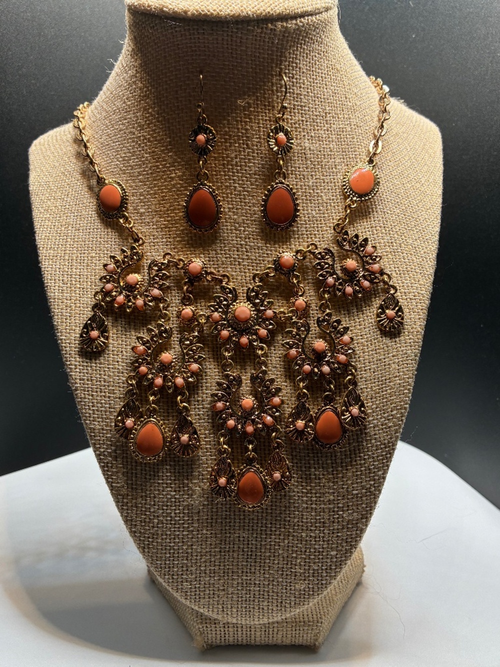 Moroccan inspired Coral statement gold-tone necklace with matching earrings
